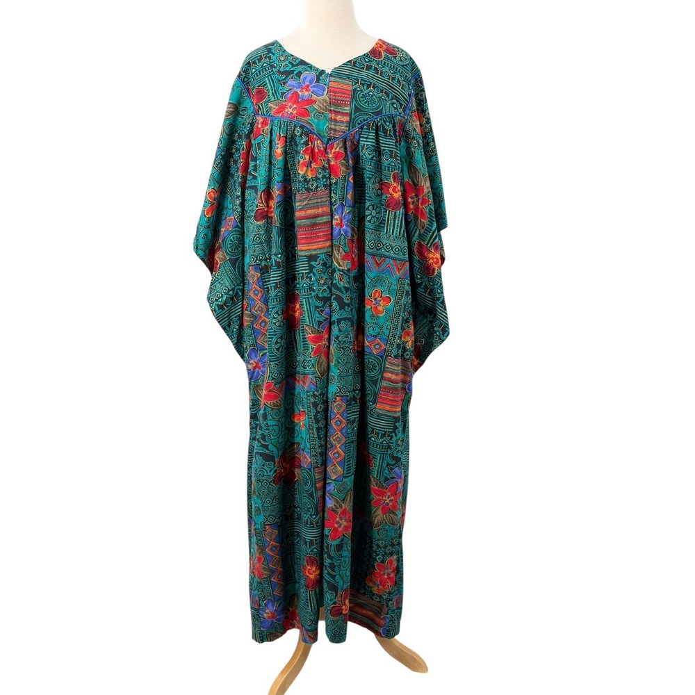 Appel Womens Teal Floral Geometric Zip Kaftan Lounger Maxi Dress Size 2X READ